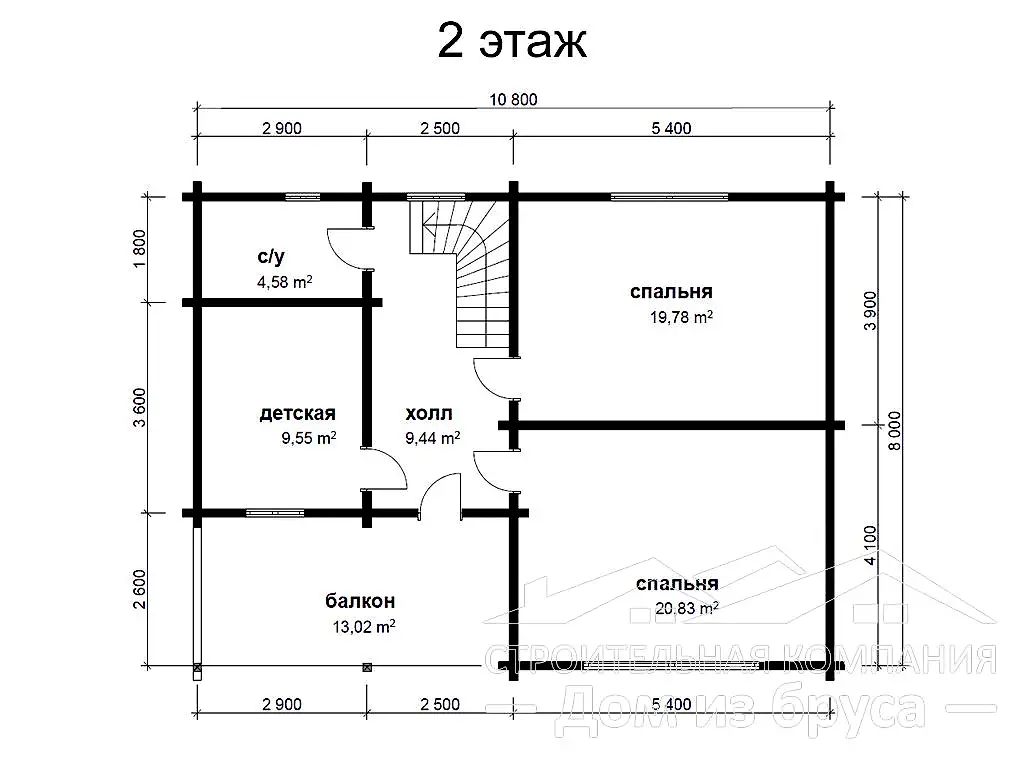 Проект коттеджа из профилированного бруса 10,8х8 м «Первомайское»