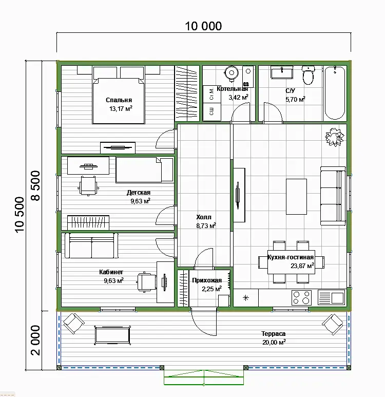 Каркасный дом 8,5х10 м «Зеленый холм»