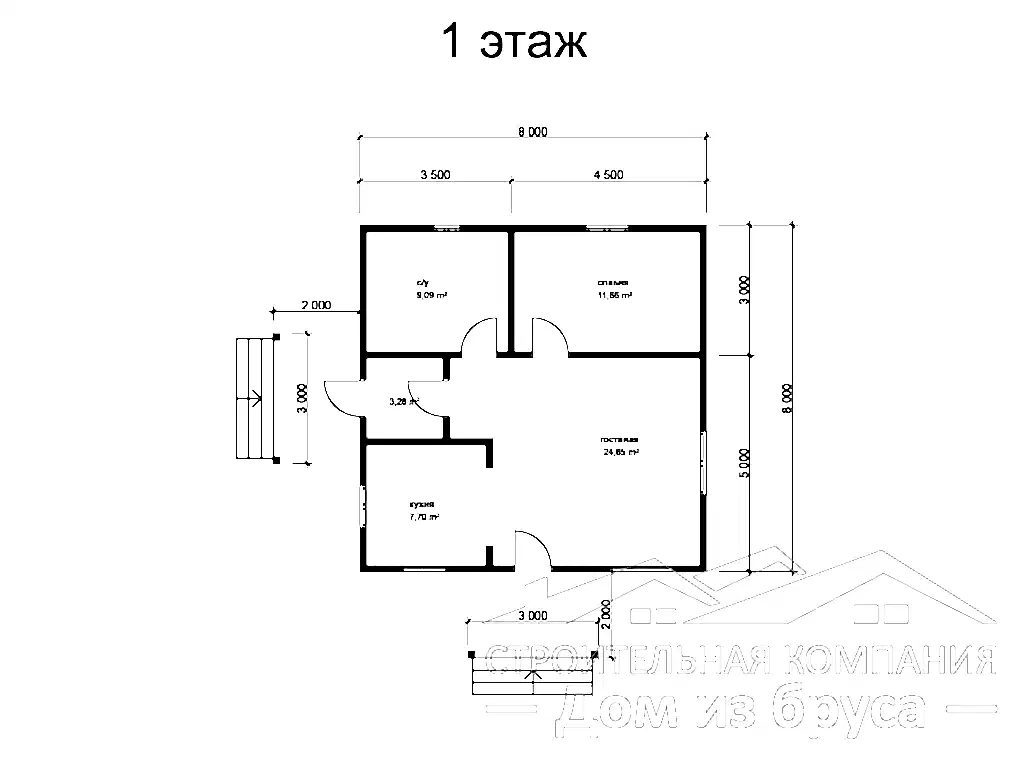 Проект дома из профилированного бруса 8,0 х 8,0 м «Мурино»