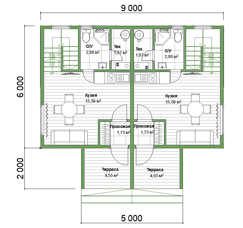 Каркасный дом 8х9 м «Дуплекс 3»