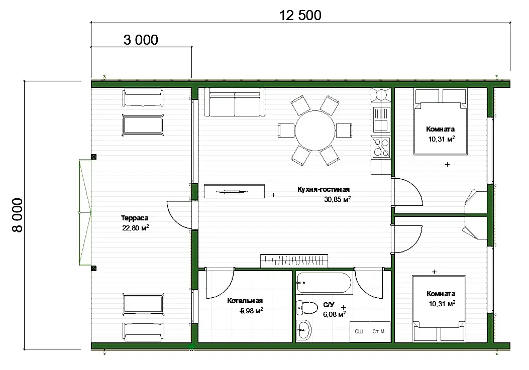 Каркасный дом 8х12,5 м «Стеклянный»