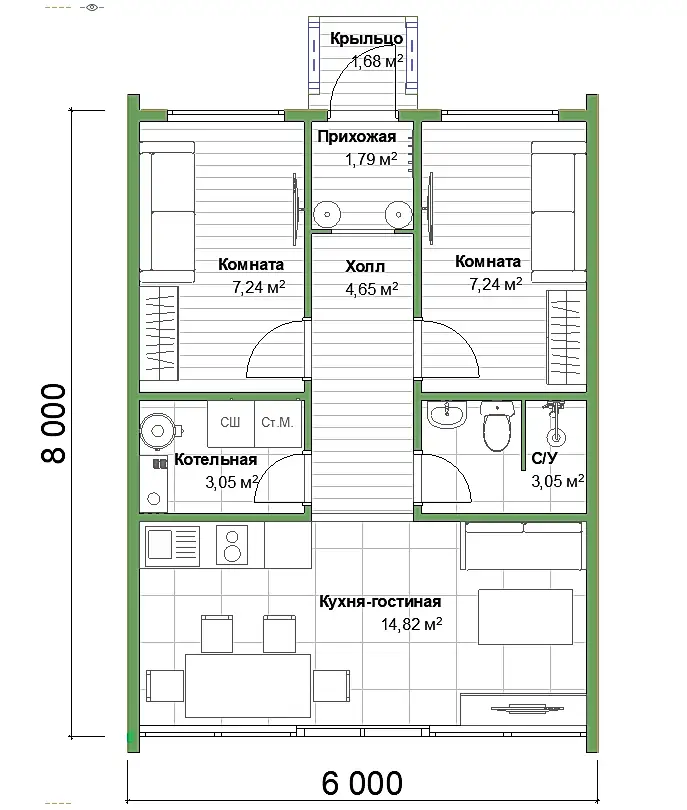 Каркасный дом 6х8 м «Барн-7»