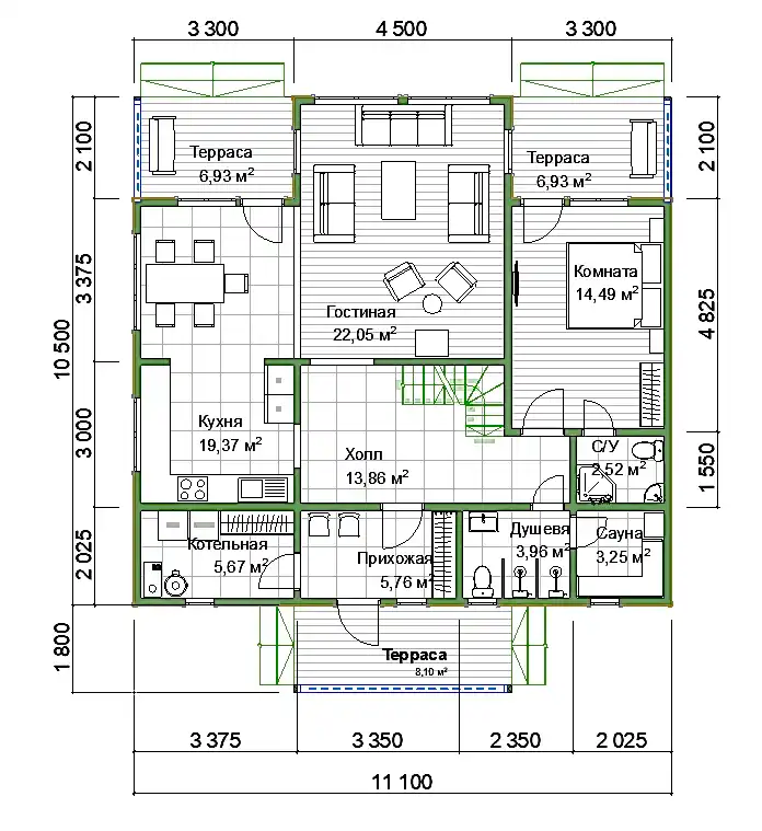Каркасный дом 10,5х11 м «Лехтуси»