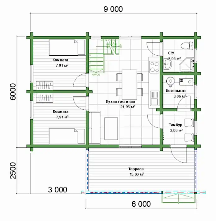 Проект дома из профилированного бруса 8,5 х 9 м «Кусино»