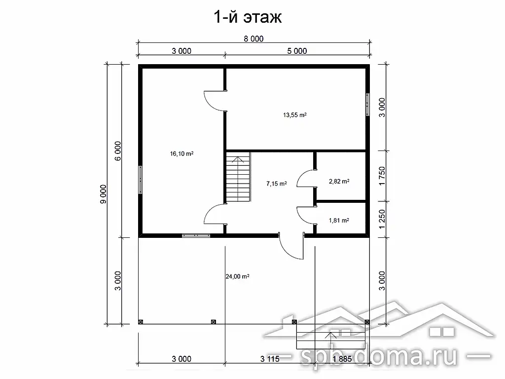 Проект дома из профилированного бруса 8,0 х 9,0 м «Дунай»
