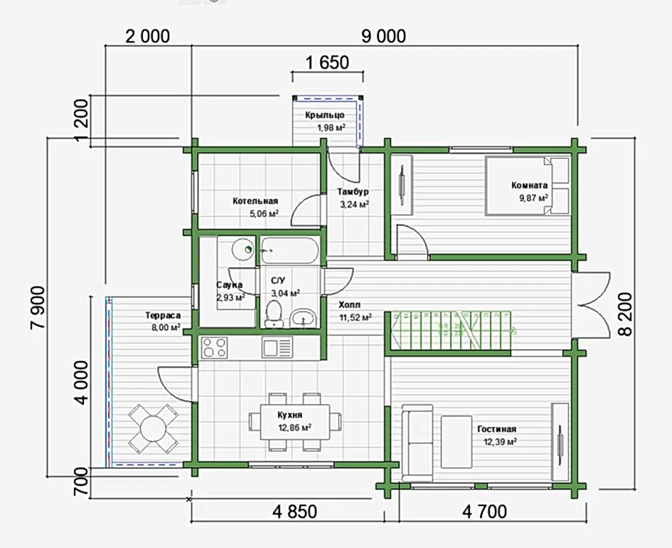 Проект дома из профилированного бруса 8 х 9 м «Назино»
